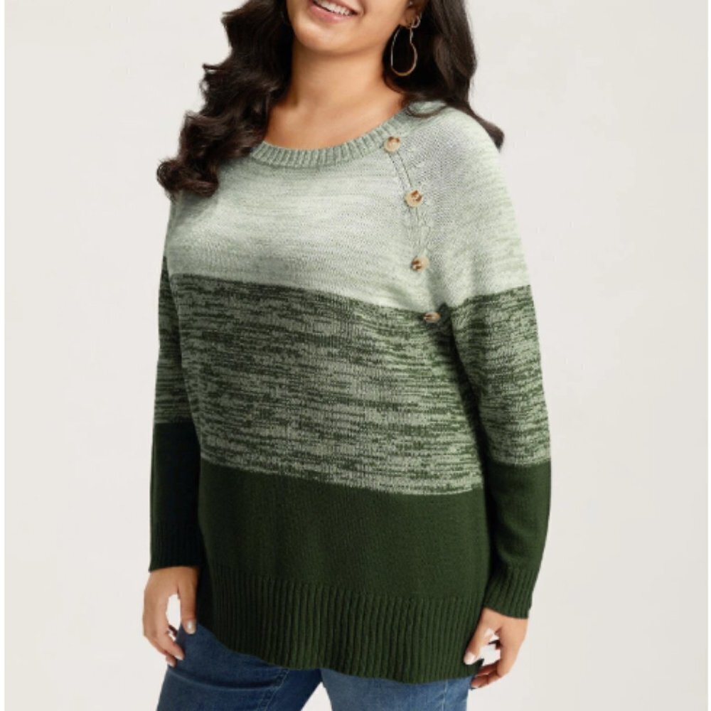 BloomChic Plus Size XL Colorblock Contrast Heather Button Detail Pullover